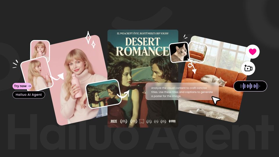 Hailuo Agent still with Desert Romance poster, character refs, and a cat