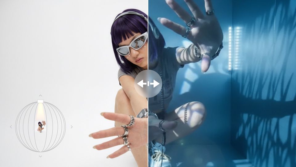 Light Studio still, purple hair, white key light versus cyan patterned light
