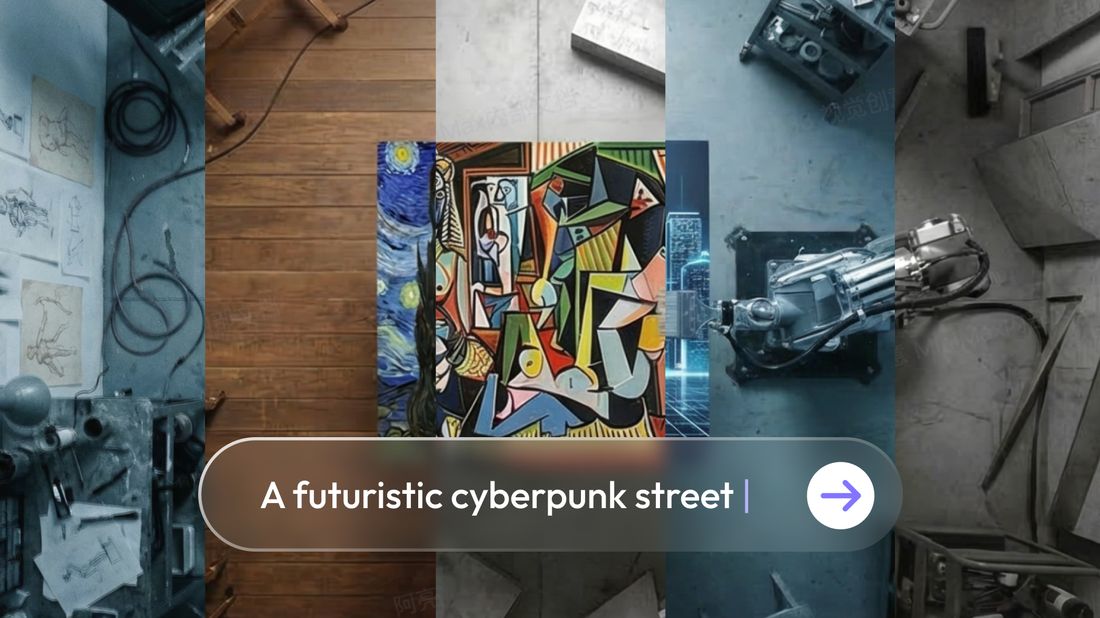 Create Image still: cyberpunk prompt bar over art and workshop strips