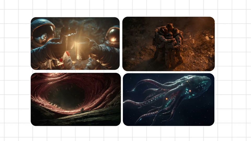Storyboard 2 by 2 grid of astronauts, a giant maw, and a space squid